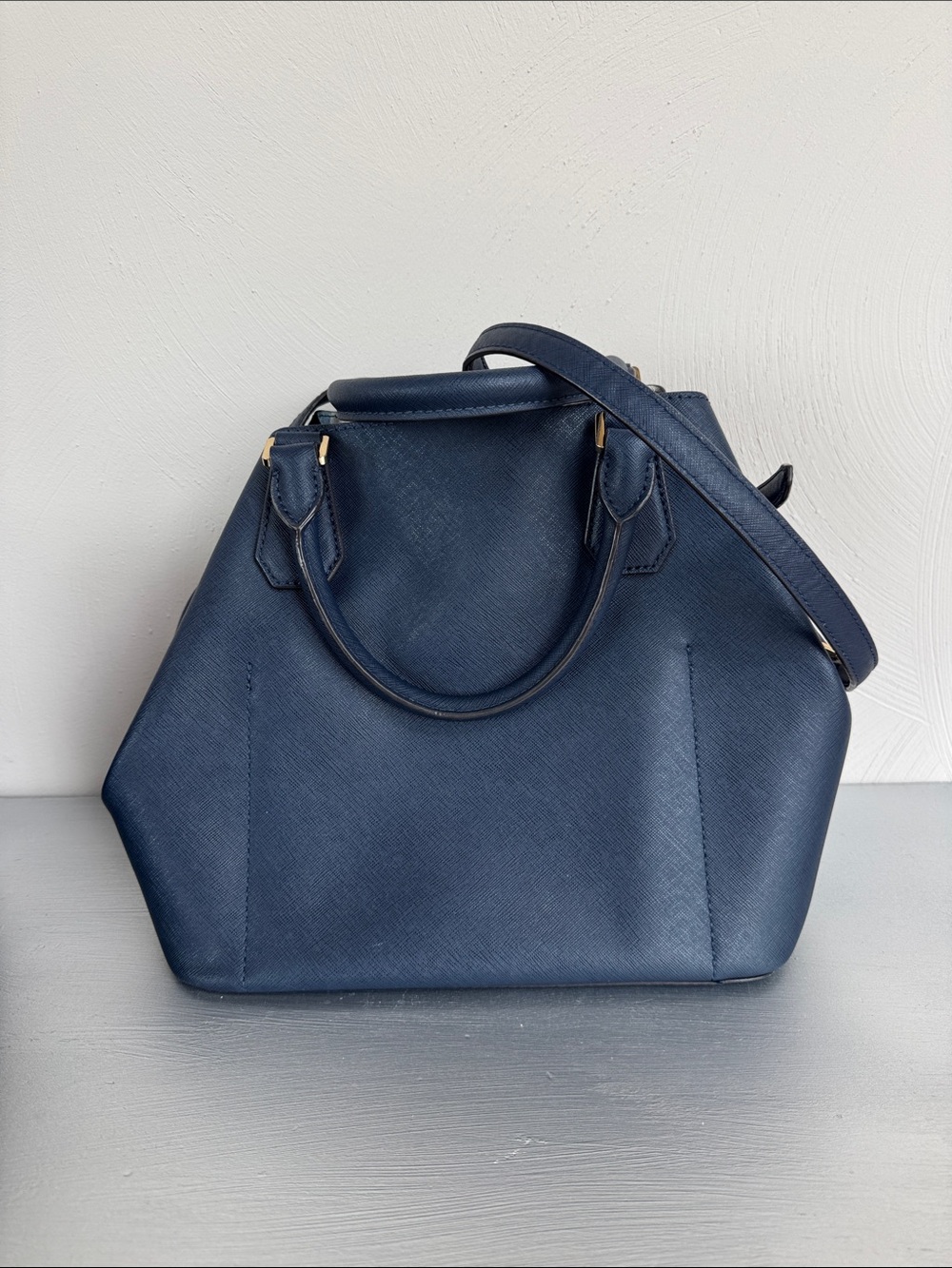 Michael Kors Navy Structured Satchel with Gold Hardware